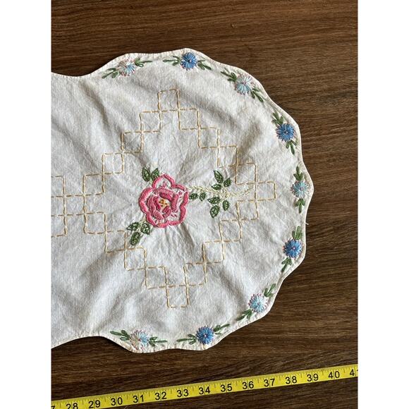 Antique Rainbow Floral Embroidery Table Runner 16" x 39" White Cotton AS IS - Picture 6 of 14